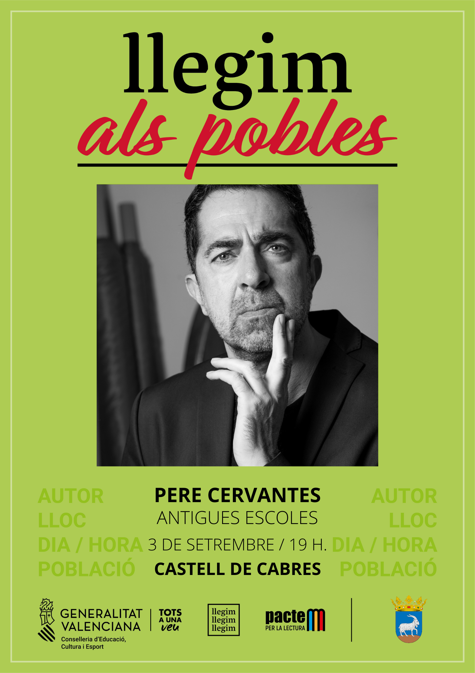Pere Cervantes visitará Castell de Cabres el 3 de septiembre dentro de la campaña "Llegim als pobles"